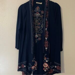 Caite Navy Blue Embroidered Boho Open Cardigan Uneven Hem Viscose XS